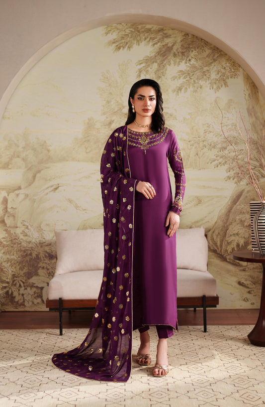 Saheera by Zarif Embroidered Raw Silk Unstitched 3 Piece Suit - ZRF-ZHE-01 UMAIRAH - ZRF25SRA - Purple - Luxury Collection
