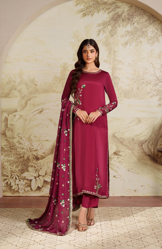 Saheera by Zarif Embroidered Tussel Silk Unstitched 3 Piece Suit - ZRF-ZHE-02 SHAMMA - ZRF25SRA - Pink - Luxury Collection
