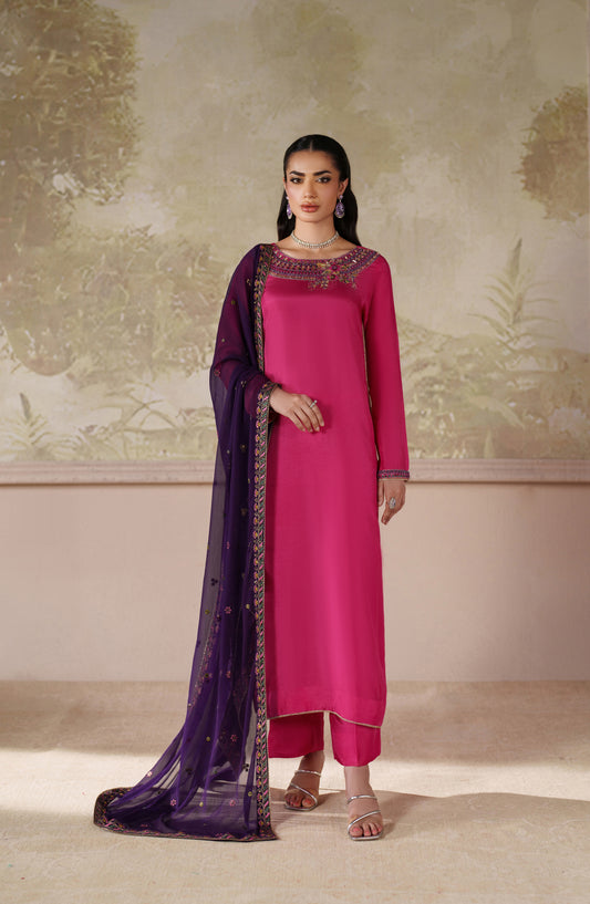 Saheera by Zarif Embroidered Tussel Silk Unstitched 3 Piece Suit - ZRF-ZHE-04 HANEERA - ZRF25SRA - Pink - Luxury Collection