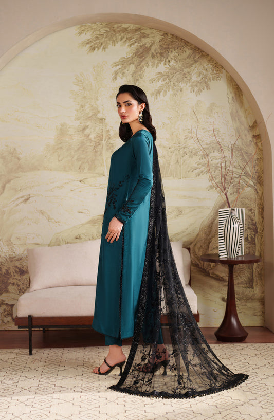 Saheera by Zarif Embroidered Tussel Silk Unstitched 3 Piece Suit - ZRF-ZHE-05 LAYLA - ZRF25SRA - Teal Blue - Luxury Collection