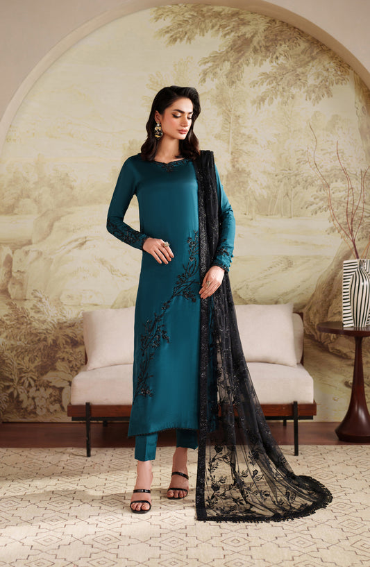 Saheera by Zarif Embroidered Tussel Silk Unstitched 3 Piece Suit - ZRF-ZHE-05 LAYLA - ZRF25SRA - Teal Blue - Luxury Collection