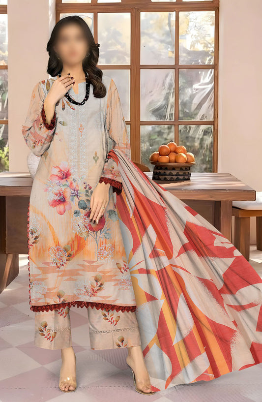 Sahil Embroidered Lawn Unstitched 3 Piece Suit - Design-08 - AK25SHL3 - Orange - Summer Collection
