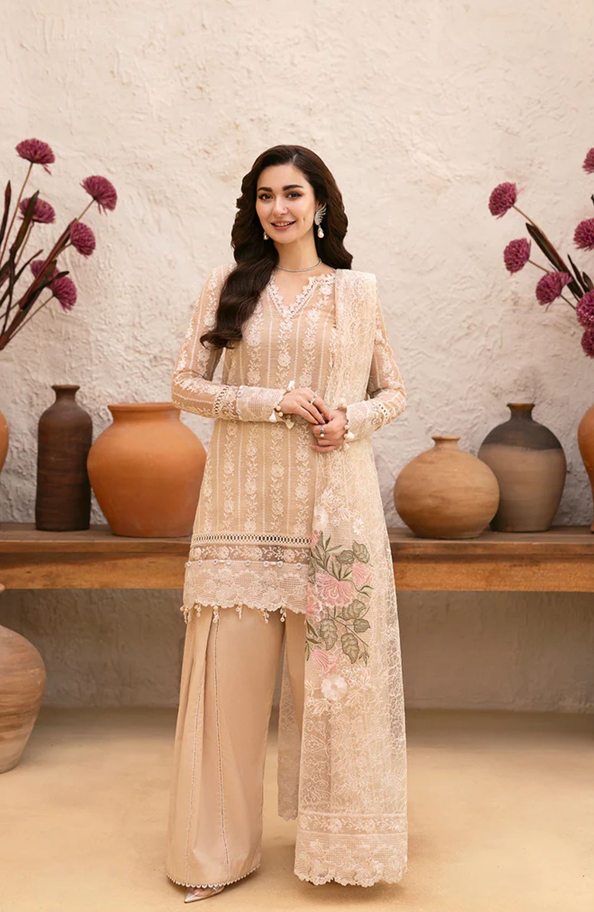 Saira Rizwan Embroidered Luxury Lawn Unstitched 3 Piece Suit - MADONNA-SRL25-08 - SR25LL - Beige - Summer Collection