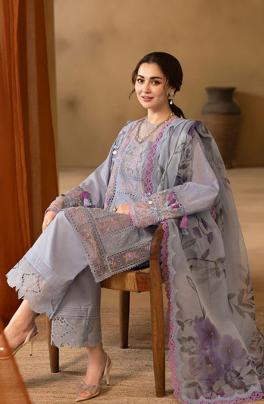 Saira Rizwan Embroidered Luxury Lawn Unstitched 3 Piece Suit - EDRINA-SRL25-03 - SR25LL - Sky Blue - Summer Collection