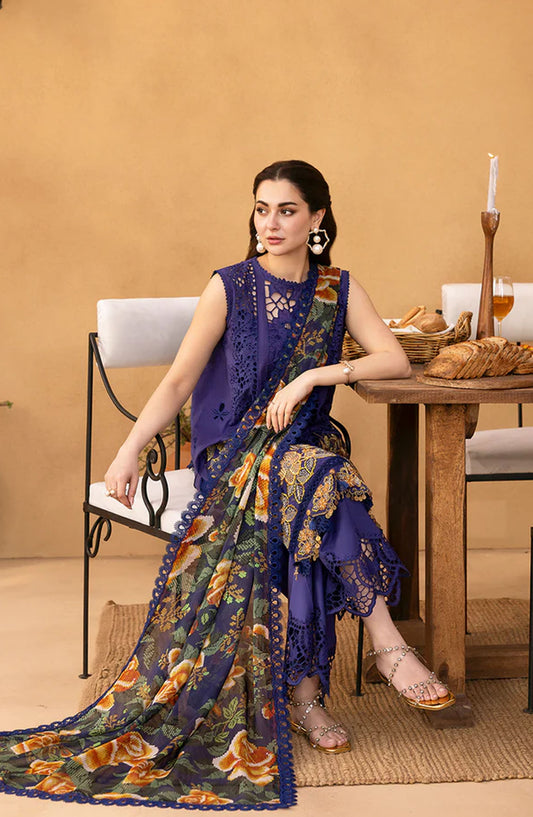 Saira Rizwan Embroidered Luxury Lawn Unstitched 3 Piece Suit - AIMEE-SRL25-01 - SR25LL - Indigo - Summer Collection