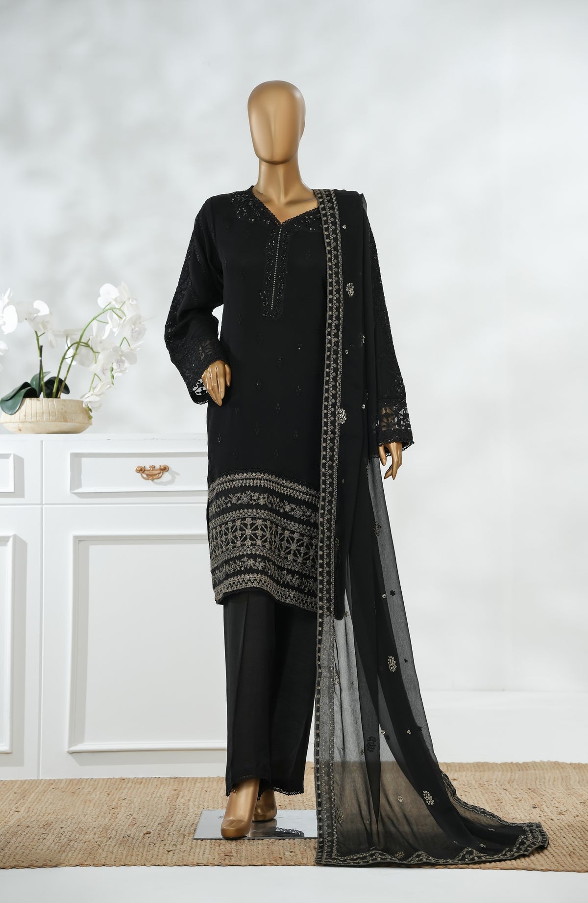 Sajni by Amna Khadija Luxury Embroidered Chiffon Stitched 3 Piece Suit - SLCP-05 - AM25SJNI - Black - Festive Collection