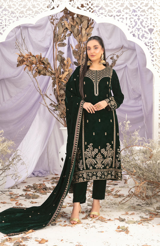 Sajni by Tawakkal Fabric Fancy Embroidered Velvet Unstitched 3 Piece Suit - D-5199 - TF25SAJ - Green - Luxury Collection