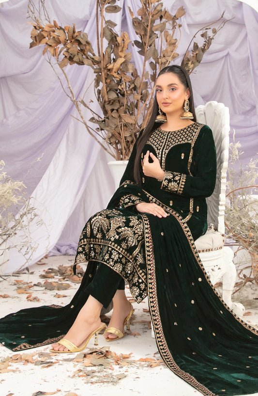 Sajni by Tawakkal Fabric Fancy Embroidered Velvet Unstitched 3 Piece Suit - D-5199 - TF25SAJ - Green - Luxury Collection