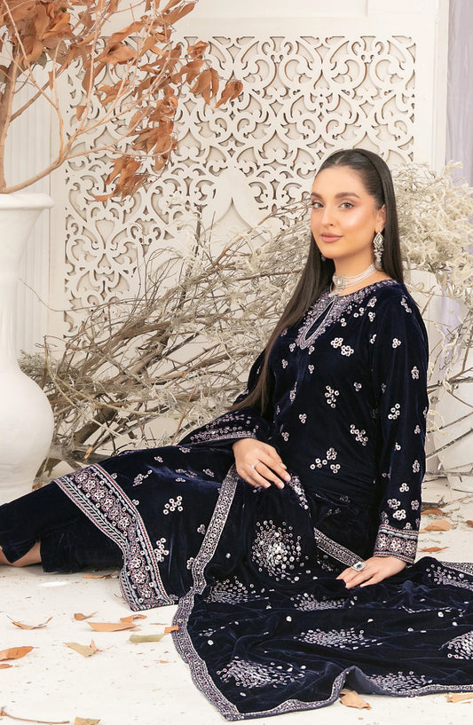 Sajni by Tawakkal Fabric Fancy Embroidered Velvet Unstitched 3 Piece Suit - D-5198 - TF25SAJ - Blue - Luxury Collection