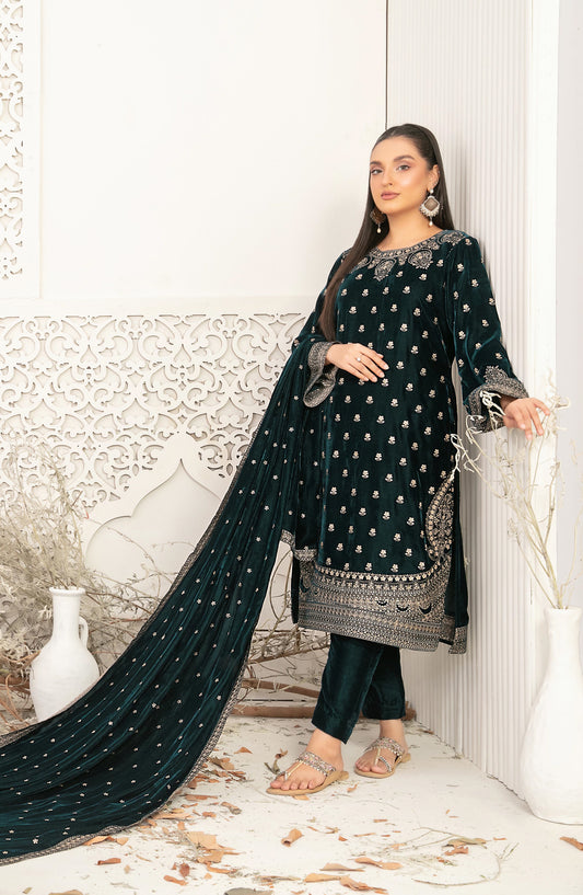 Sajni by Tawakkal Fabric Fancy Embroidered Velvet Unstitched 3 Piece Suit - D-5197 - TF25SAJ - Green - Luxury Collection