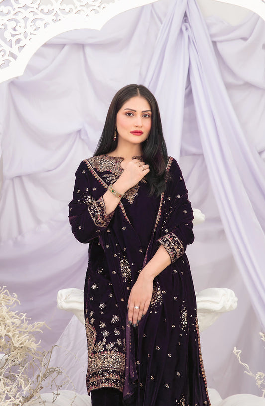 Sajni by Tawakkal Fabric Fancy Embroidered Velvet Unstitched 3 Piece Suit - D-5196 - TF25SAJ - Purple - Luxury Collection