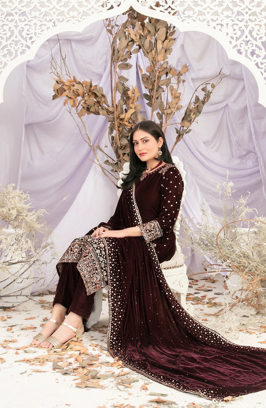 Sajni by Tawakkal Fabric Fancy Embroidered Velvet Unstitched 3 Piece Suit - D-5195 - TF25SAJ - Maroon - Luxury Collection