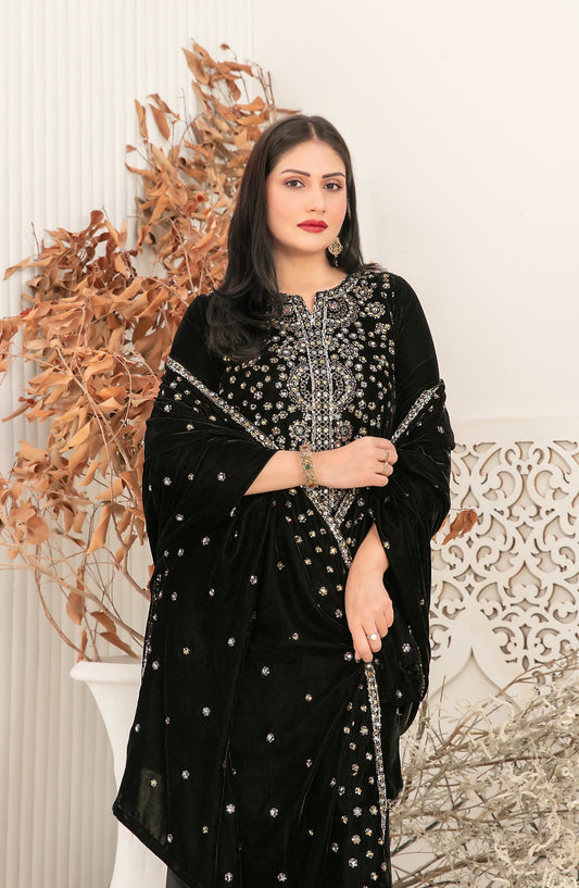 Sajni by Tawakkal Fabric Fancy Embroidered Velvet Unstitched 3 Piece Suit - D-5194 - TF25SAJ - Black - Luxury Collection