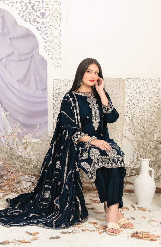 Sajni by Tawakkal Fabric Fancy Embroidered Velvet Unstitched 3 Piece Suit - D-5193 - TF25SAJ - Blue - Luxury Collection