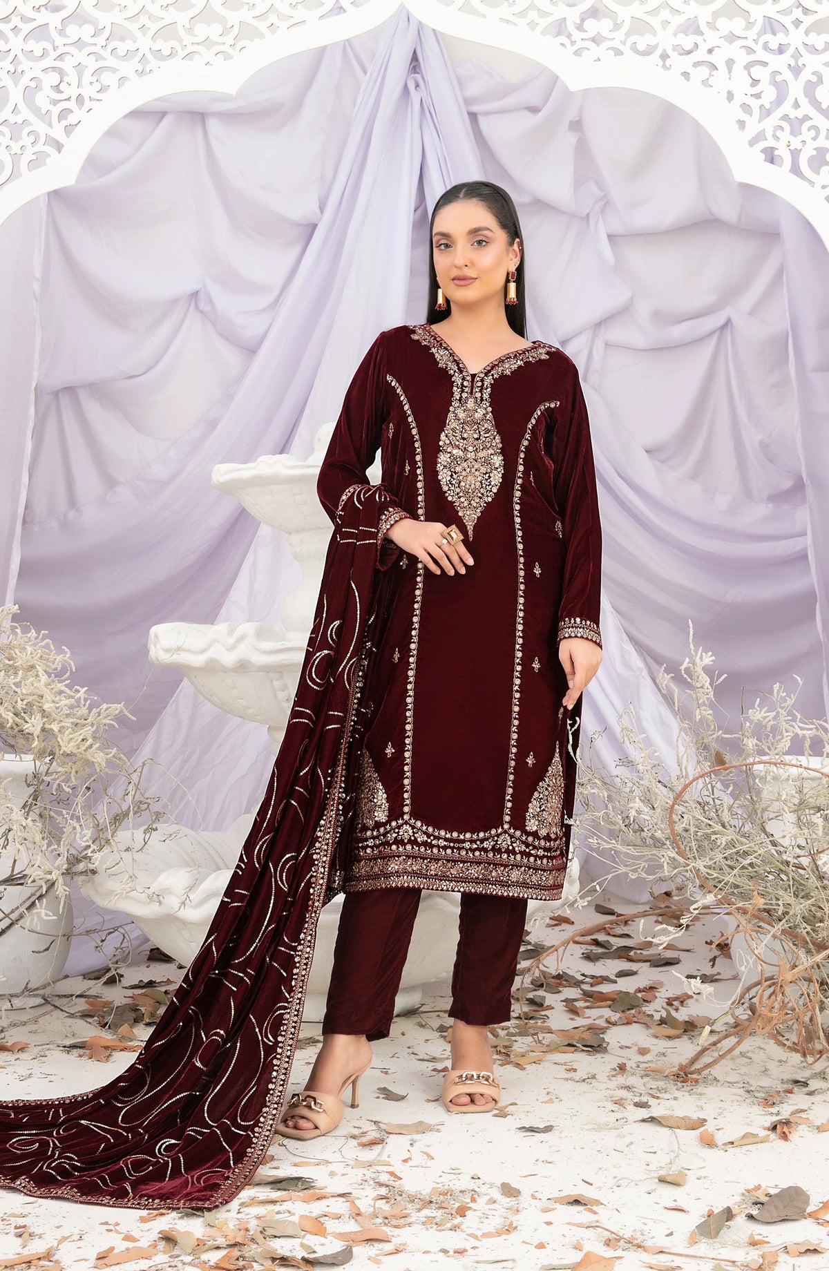 Sajni by Tawakkal Fabric Fancy Embroidered Velvet Unstitched 3 Piece Suit - D-5192 - TF25SAJ - Maroon - Luxury Collection