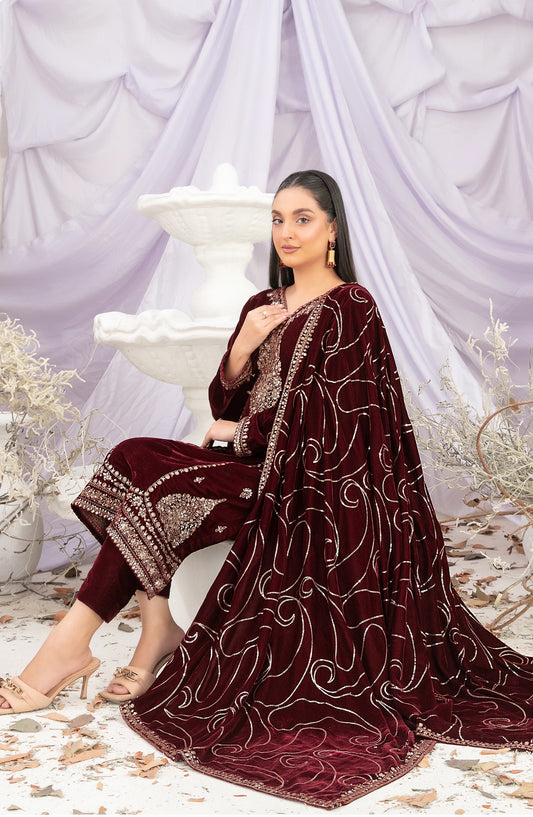 Sajni by Tawakkal Fabric Fancy Embroidered Velvet Unstitched 3 Piece Suit - D-5192 - TF25SAJ - Maroon - Luxury Collection