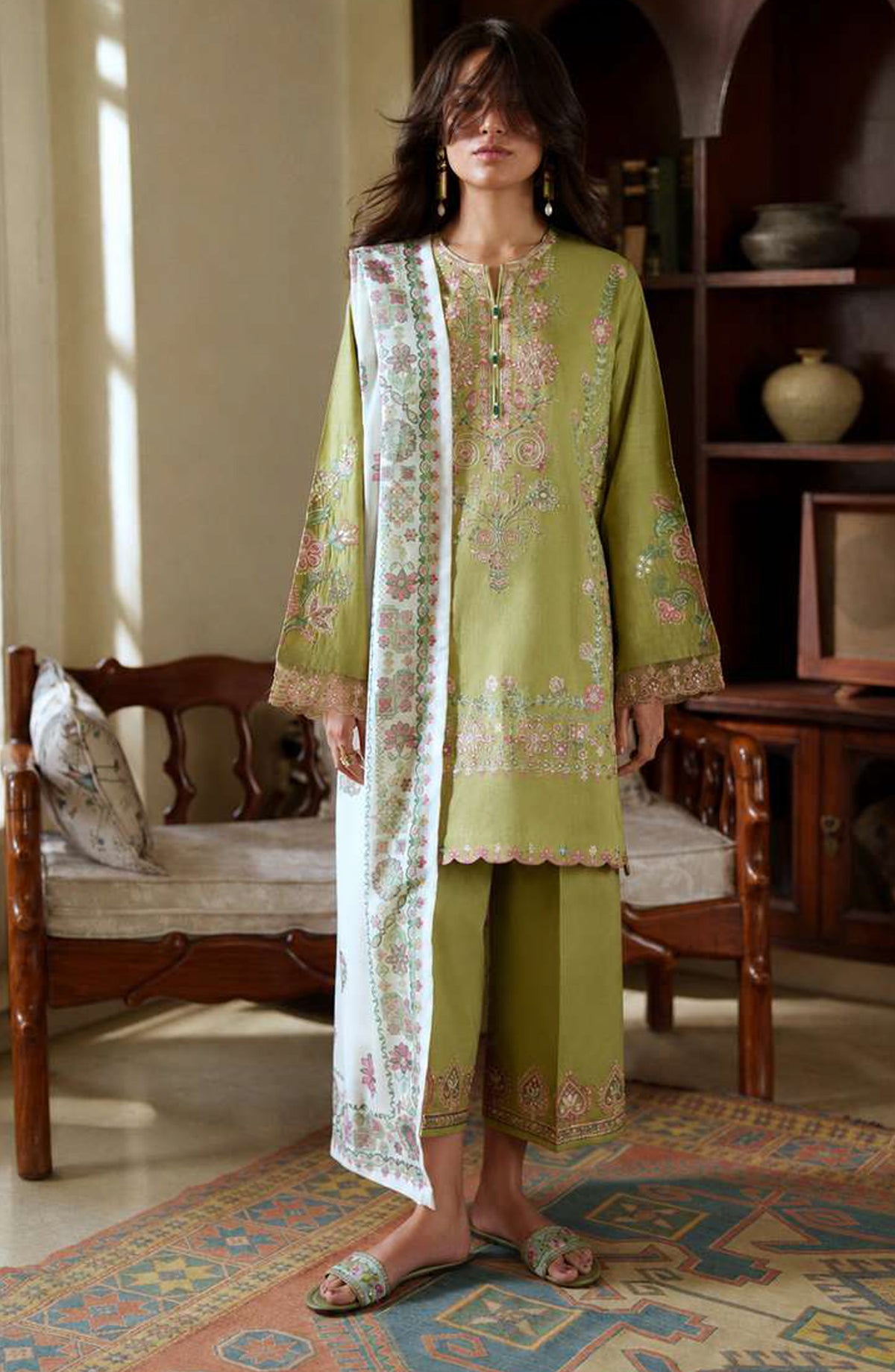 Sakoon by Casual Lite Embroidered Cotton Lawn Stitched 3 Piece Suit - Outfit-02 The Olive Green - CL26SKN - Summer Collection