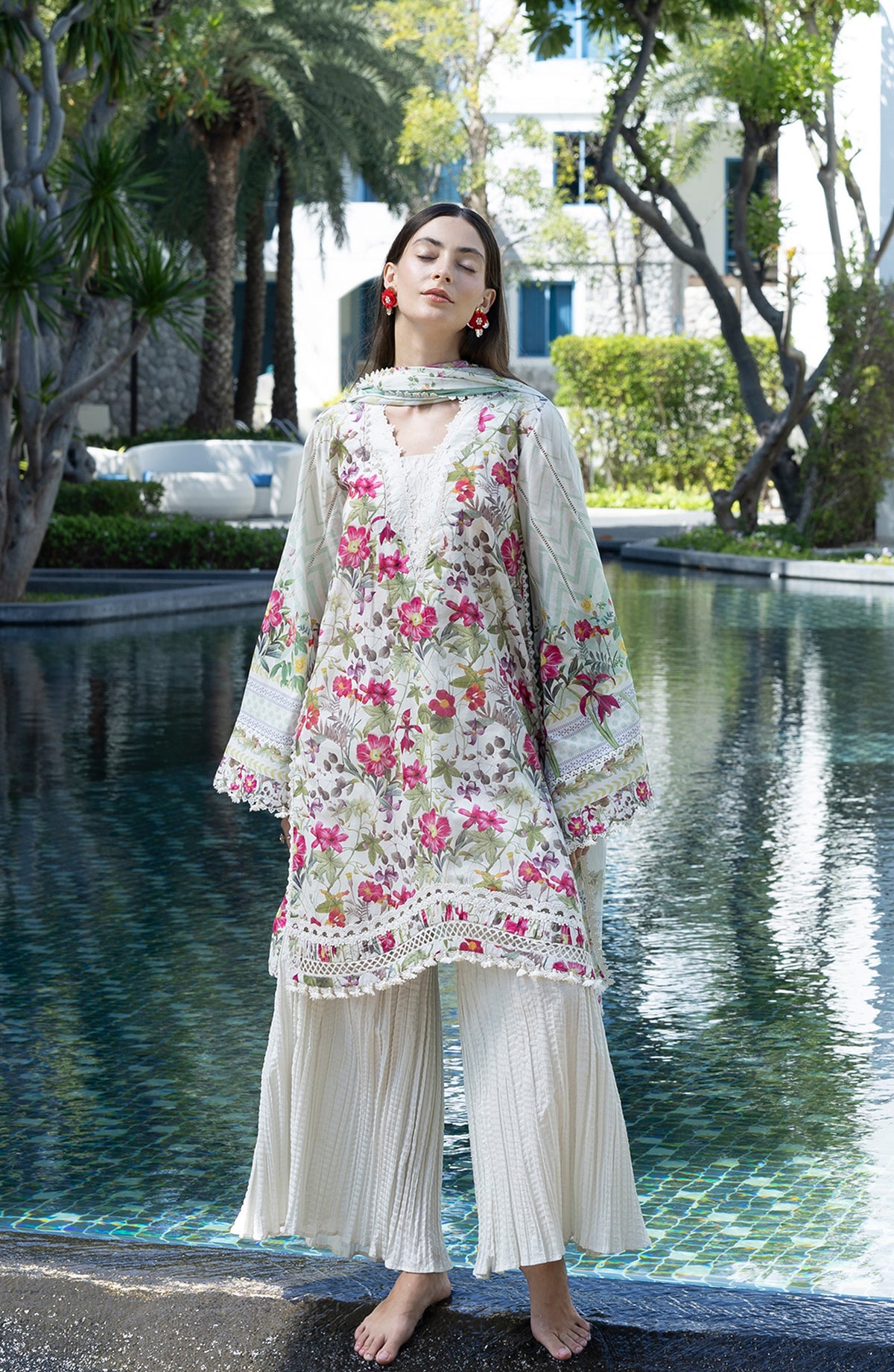 Santorini by Elaf Premium Digital Printed Lawn Unstitched 3 Piece Suit - EPN-9B CHANTILLY - EL26SNT - White - Summer Collection