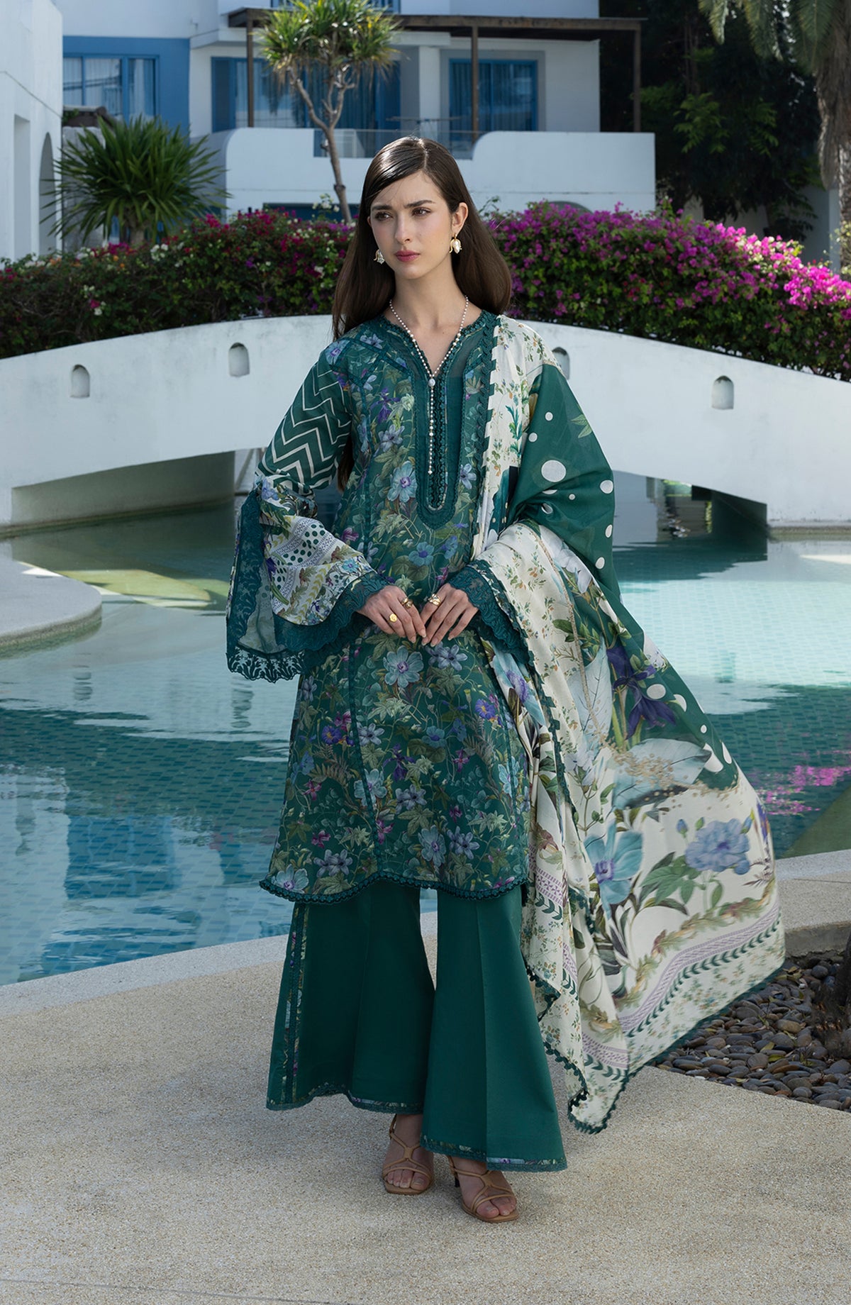 Santorini by Elaf Premium Digital Printed Lawn Unstitched 3 Piece Suit - EPN-9A PEACOCK - EL26SNT - Green - Summer Collection