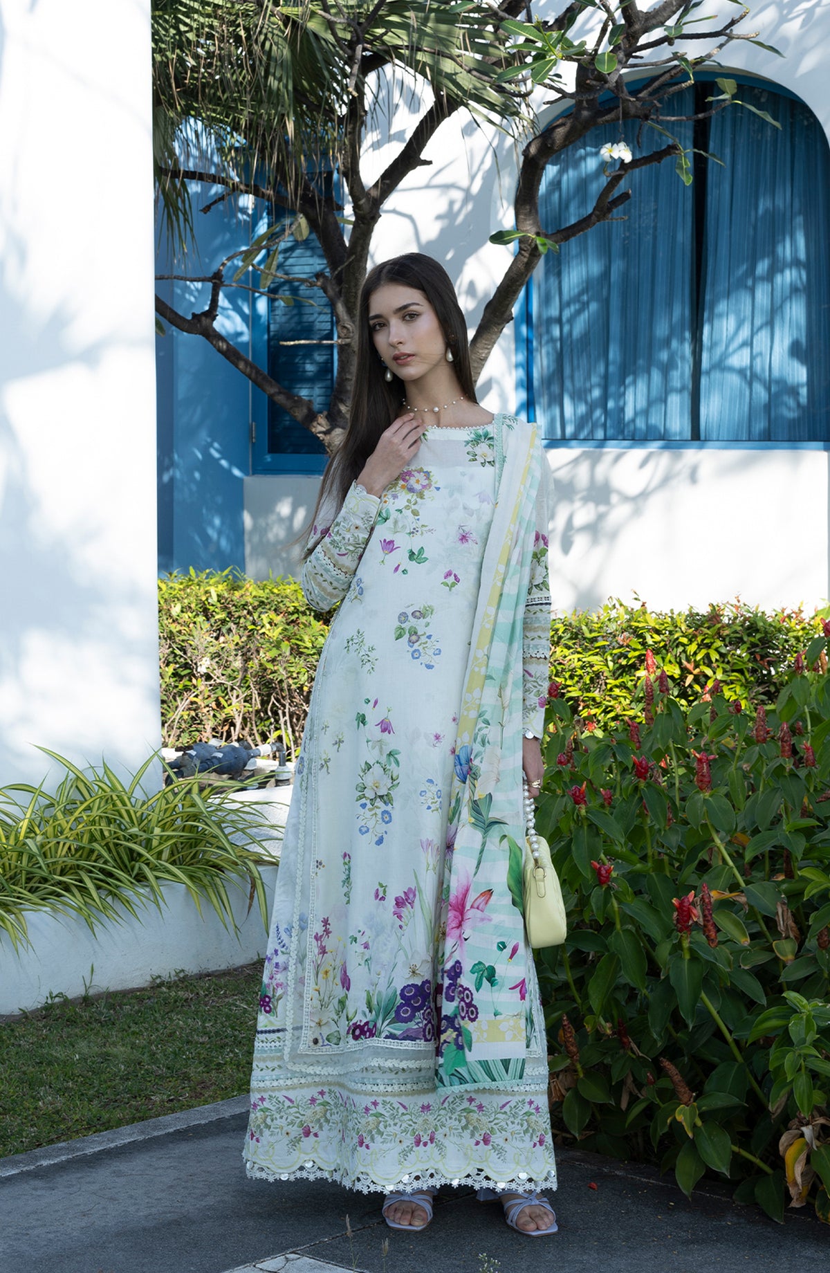 Santorini by Elaf Premium Digital Printed Lawn Unstitched 3 Piece Suit - EPN-7B MOON FLOWER - EL26SNT - Pista Green - Summer Collection