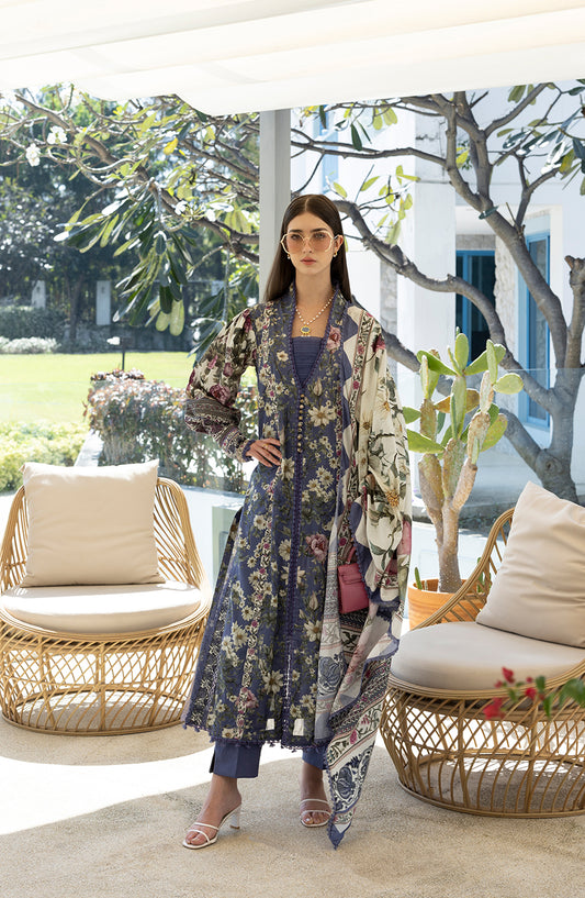 Santorini by Elaf Premium Digital Printed Lawn Unstitched 3 Piece Suit - EPN-6A BOO BERRY - EL26SNT - Blue - Summer Collection