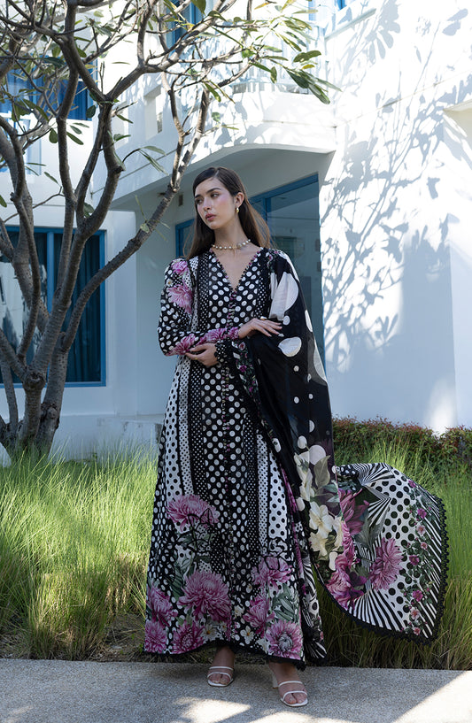 Santorini by Elaf Premium Digital Printed Lawn Unstitched 3 Piece Suit - EPN-1B POIS & HER - EL26SNT - Black - Summer Collection