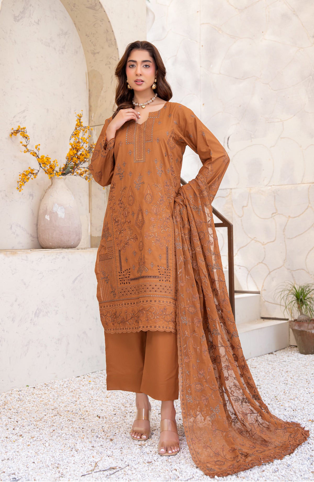 Saqafat by Riaz Arts Embroidered Lawn Unstitched 3 Piece Suit - D-05 - RA26SQT - Brown - Summer Collection