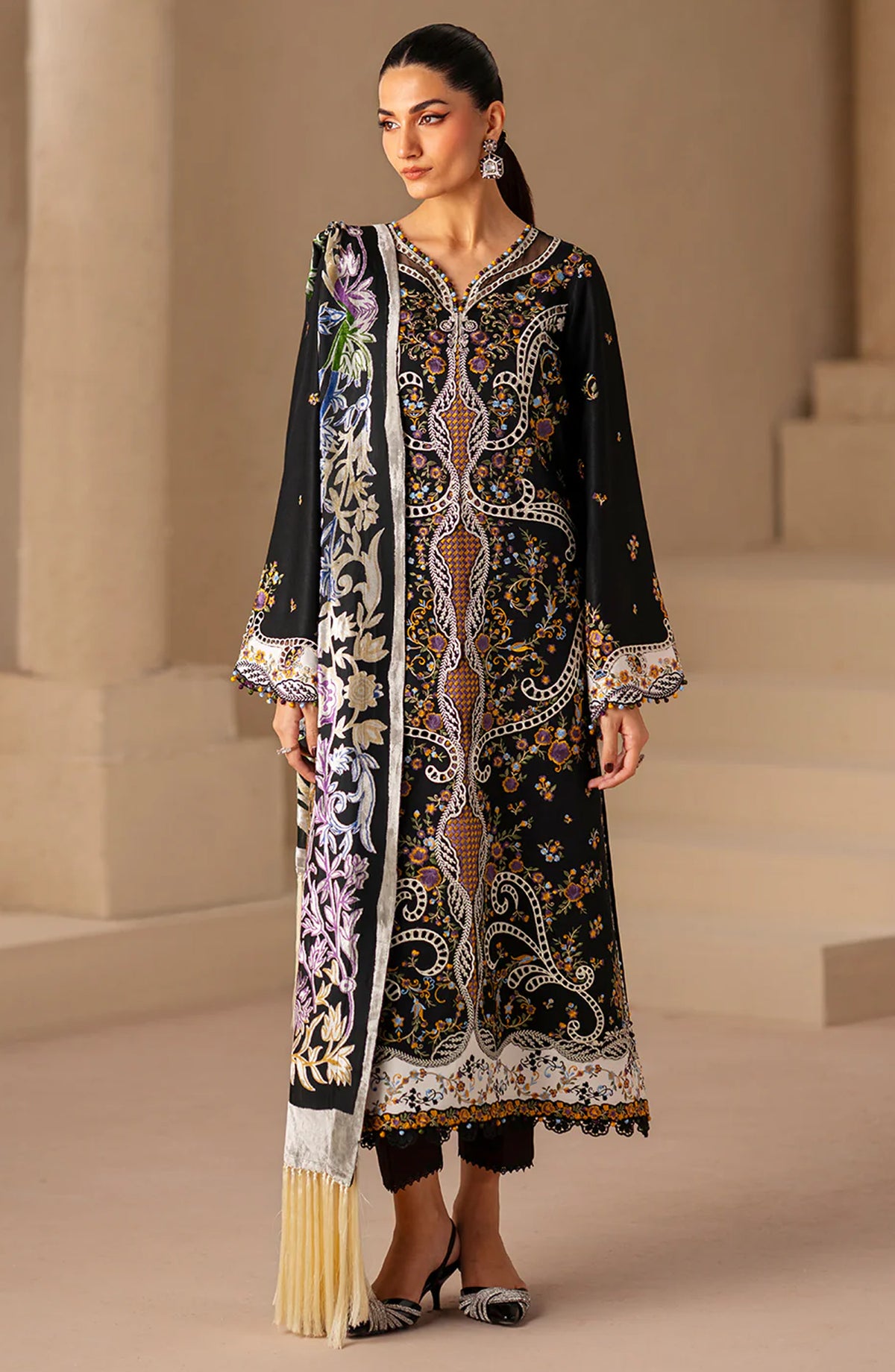 Saqqara by Bin Ilyas Embroidered Kotrai Unstitched 3 Piece Suit - 167-B - BL25SQR - Black - Winter Collection