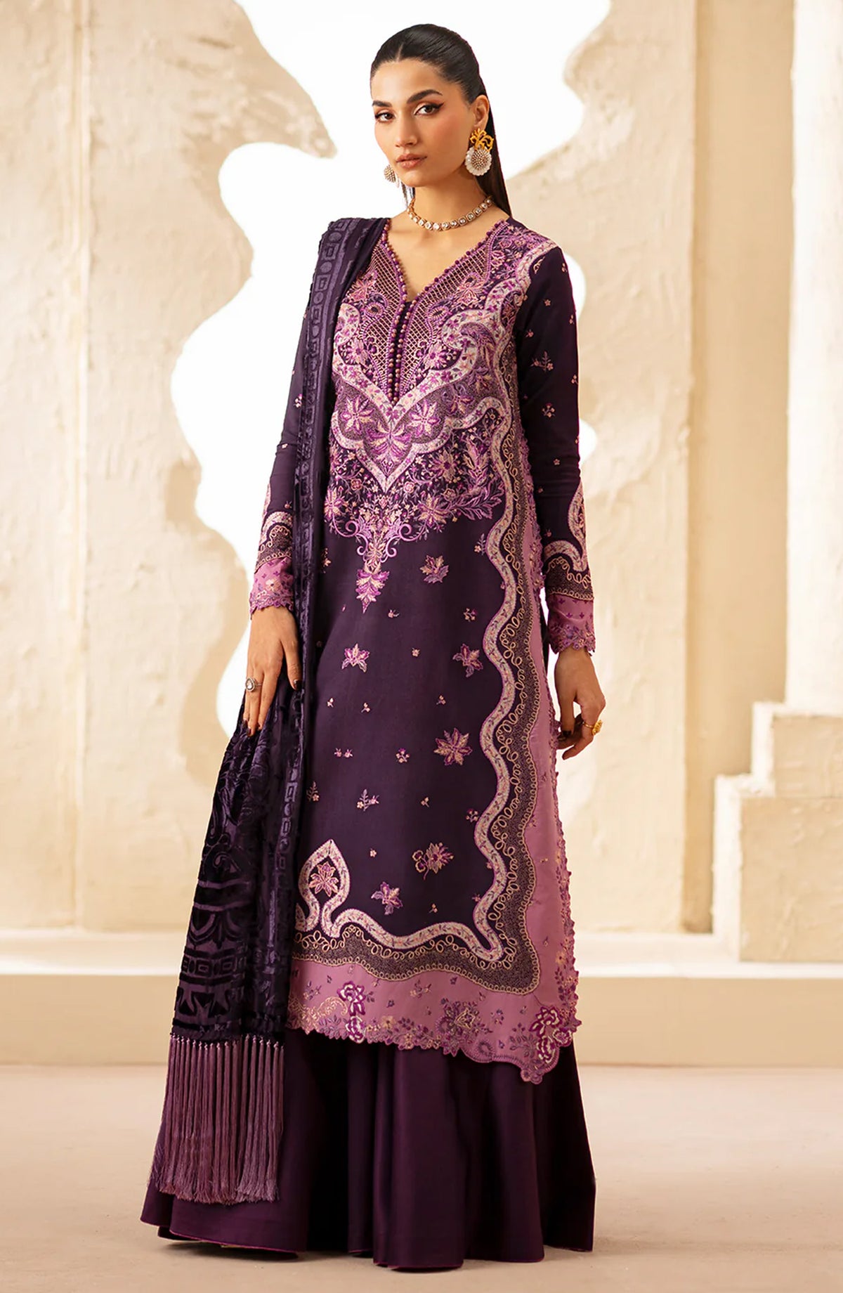 Saqqara by Bin Ilyas Embroidered Kotrai Unstitched 3 Piece Suit - 163-B - BL25SQR - Purple - Winter Collection
