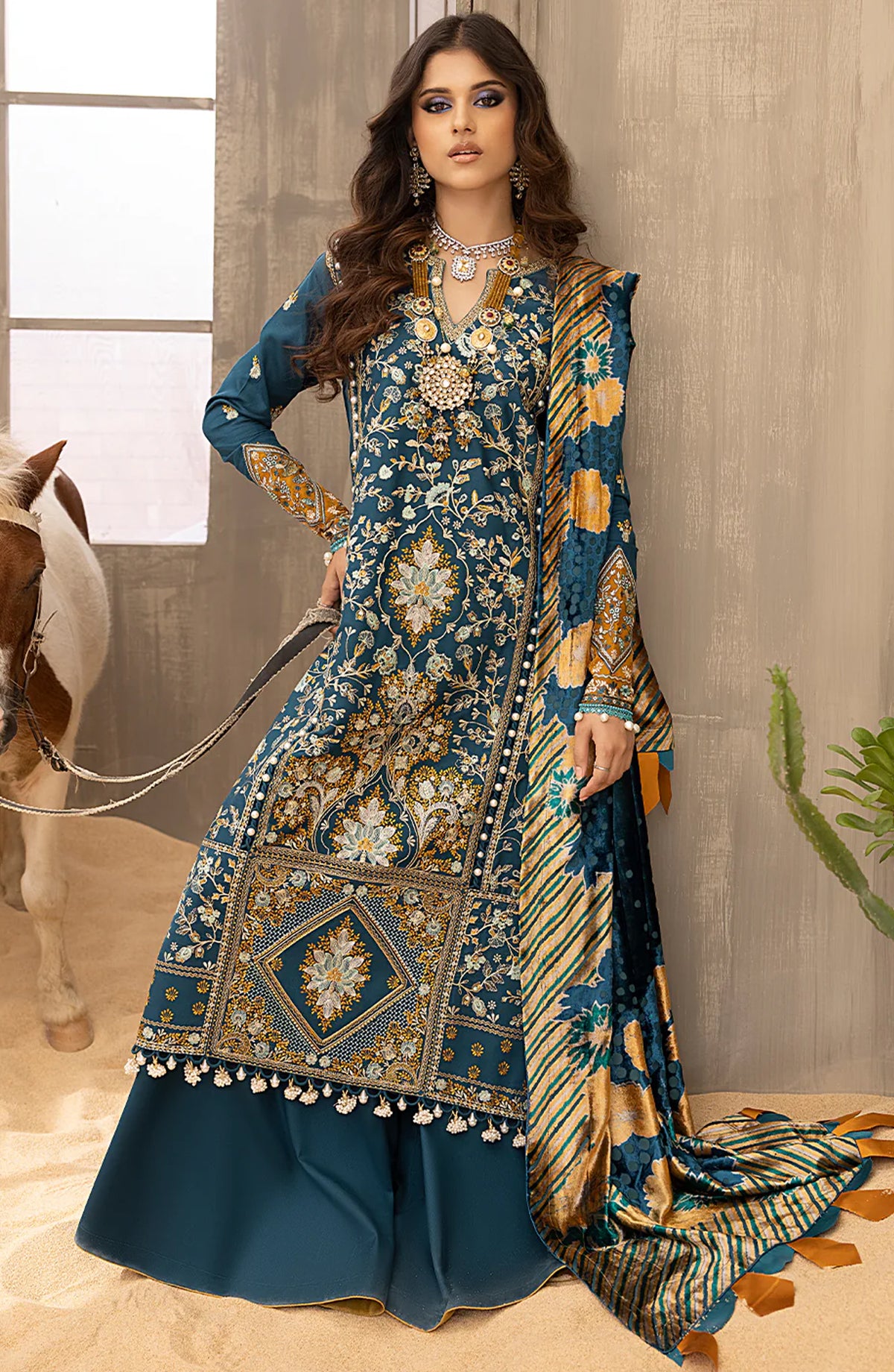 Saqqara by Bin Ilyas Embroidered Kotrai Unstitched 3 Piece Suit - 506-A - BL25SQR - Blue - Winter Collection