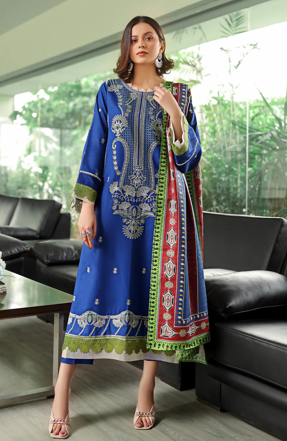 Saqqara by Bin Ilyas Embroidered Karandi Unstitched 3 Piece Suit - 755-A - BL25SQR - Blue - Winter Collection