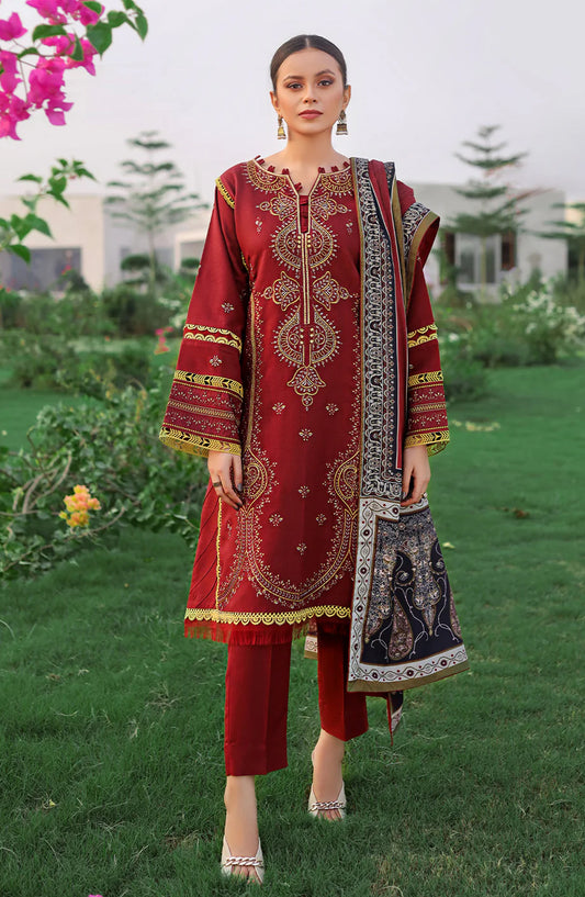 Saqqara by Bin Ilyas Embroidered Karandi Unstitched 3 Piece Suit - 751-B - BL25SQR - Maroon - Winter Collection