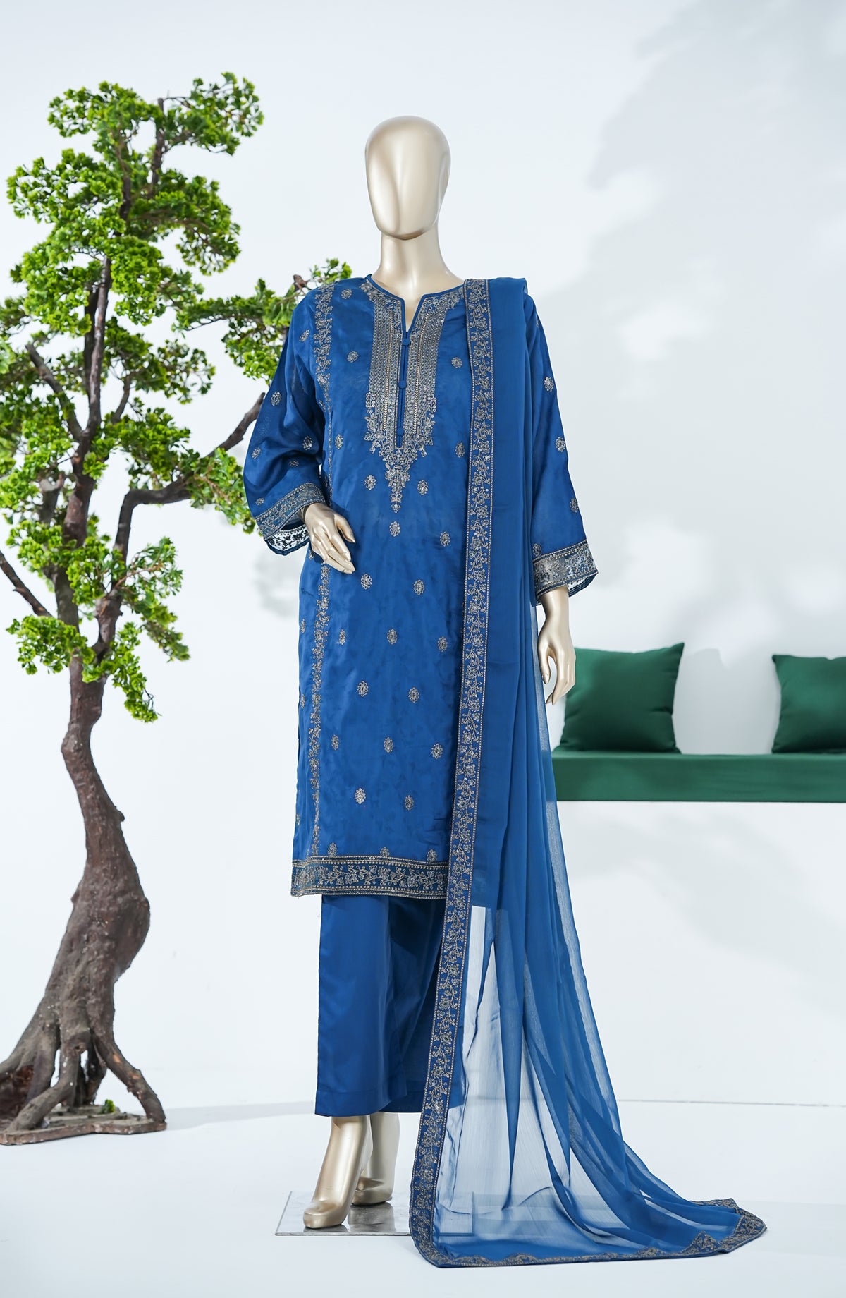 Sarom x Zari Motif by Amna Khadija Embroidered Lawn Stitched 3 Piece Suit - SZM-05 - AM26SZM - Blue - Festive Collection
