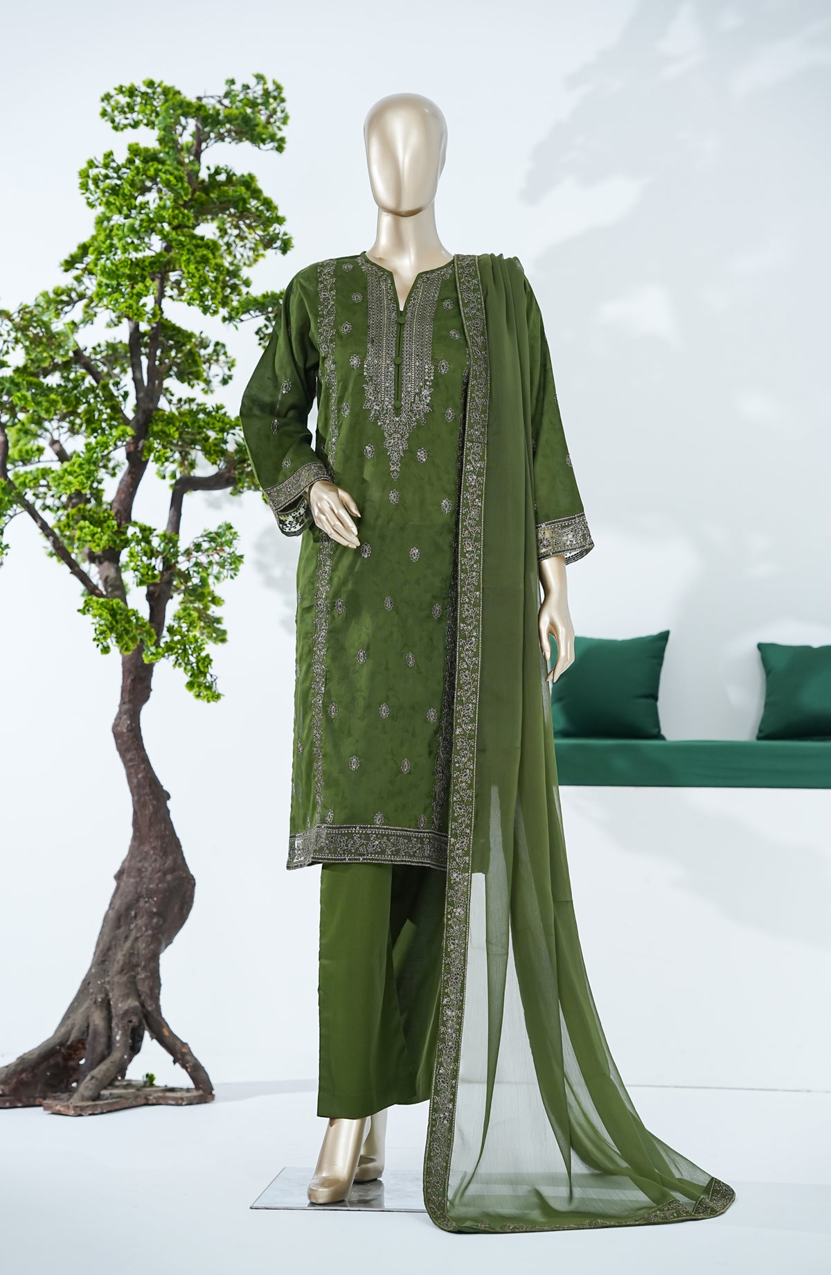 Sarom x Zari Motif by Amna Khadija Embroidered Lawn Stitched 3 Piece Suit - SZM-03 - AM26SZM - Green - Festive Collection