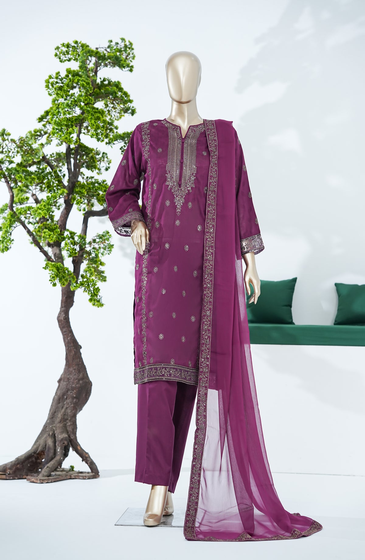 Sarom x Zari Motif by Amna Khadija Embroidered Lawn Stitched 3 Piece Suit - SZM-02 - AM26SZM - Purple - Festive Collection