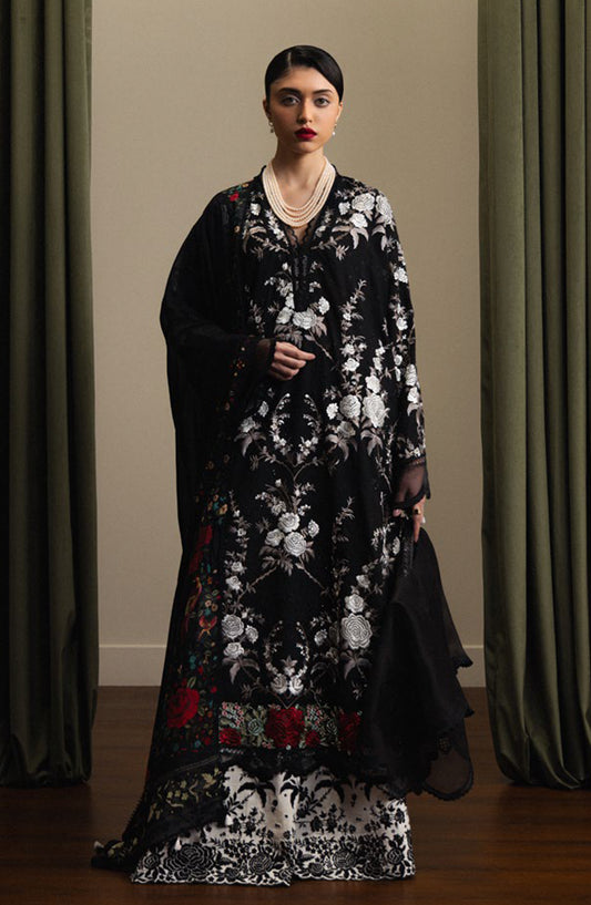 Satori by Zara Shahjahan Embroidered Lawn Unstitched 3 Piece Suit - TAKUMI-D10 - ZS26ST - Black - Luxury Summer Collection