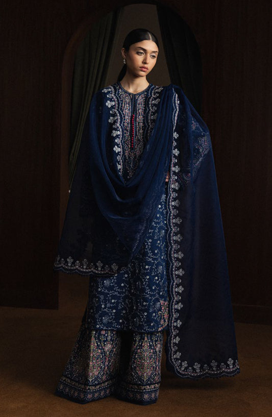 Satori by Zara Shahjahan Embroidered Lawn Unstitched 3 Piece Suit - SUIYO-D9 - ZS26ST - Blue - Luxury Summer Collection
