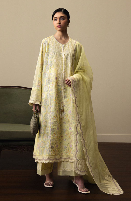 Satori by Zara Shahjahan Embroidered Lawn Unstitched 3 Piece Suit - HINATA-D3 - ZS26ST - Yellow - Luxury Summer Collection