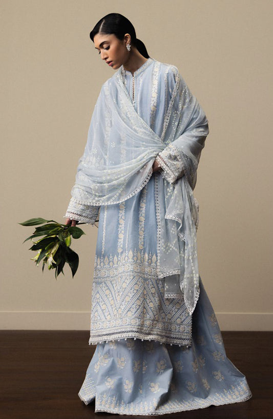 Satori by Zara Shahjahan Embroidered Lawn Unstitched 3 Piece Suit - AOYOMI-D1 - ZS26ST - Blue - Luxury Summer Collection