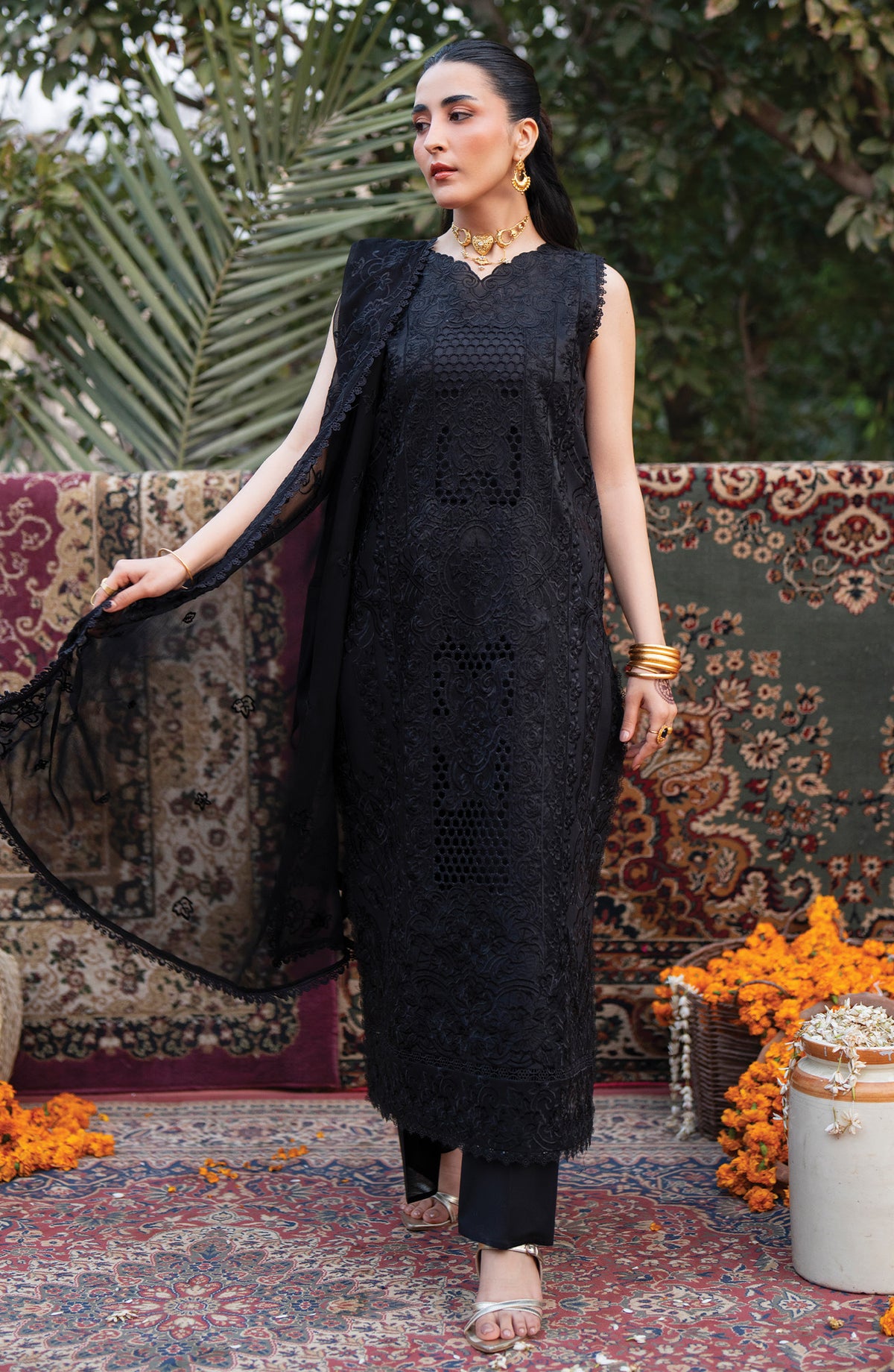 Satrangi by Mahnur Embroidered Lawn Unstitched 3 Piece Suit - S-12 - MH26ST - Black - Summer Collection