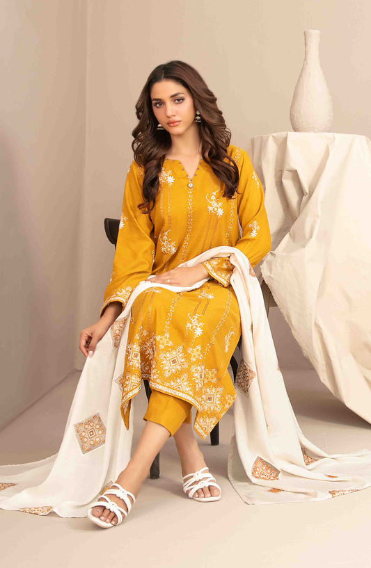 Sawsan by Tawakkal Fabrics Embroidered Leather Peach Unstitched 3 Piece Suit - D-5691 - TF25SWN - Mustard - Winter Collection
