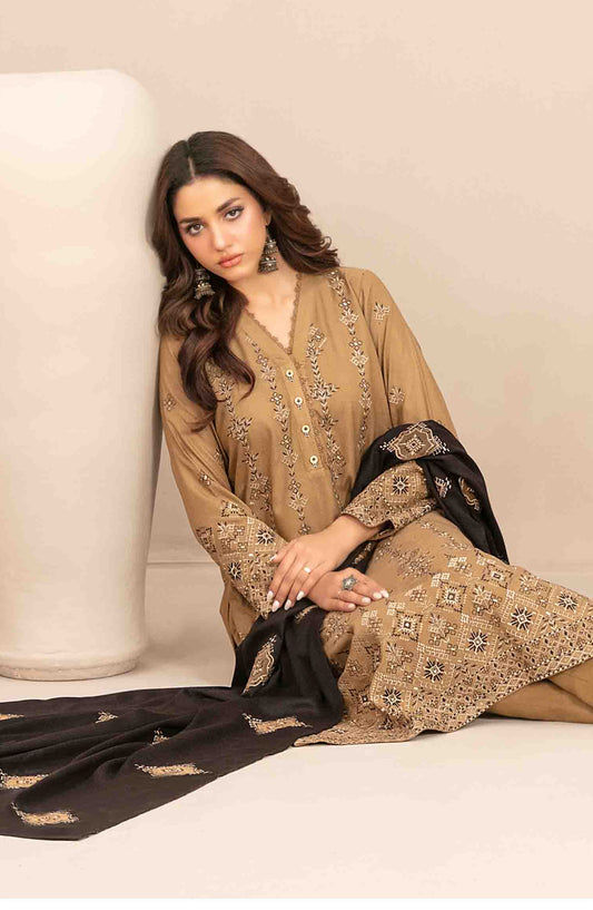 Sawsan by Tawakkal Fabrics Embroidered Leather Peach Unstitched 3 Piece Suit - D-5690 - TF25SWN - Brown - Winter Collection