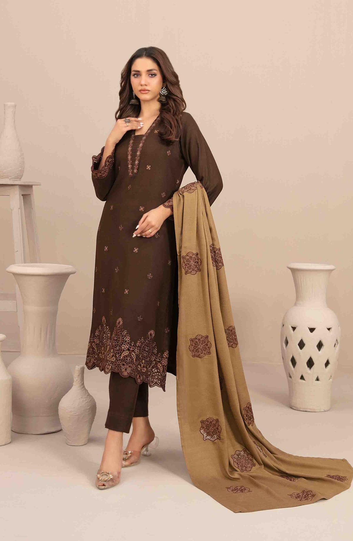 Sawsan by Tawakkal Fabrics Embroidered Leather Peach Unstitched 3 Piece Suit - D-5686 - TF25SWN - Brown - Winter Collection