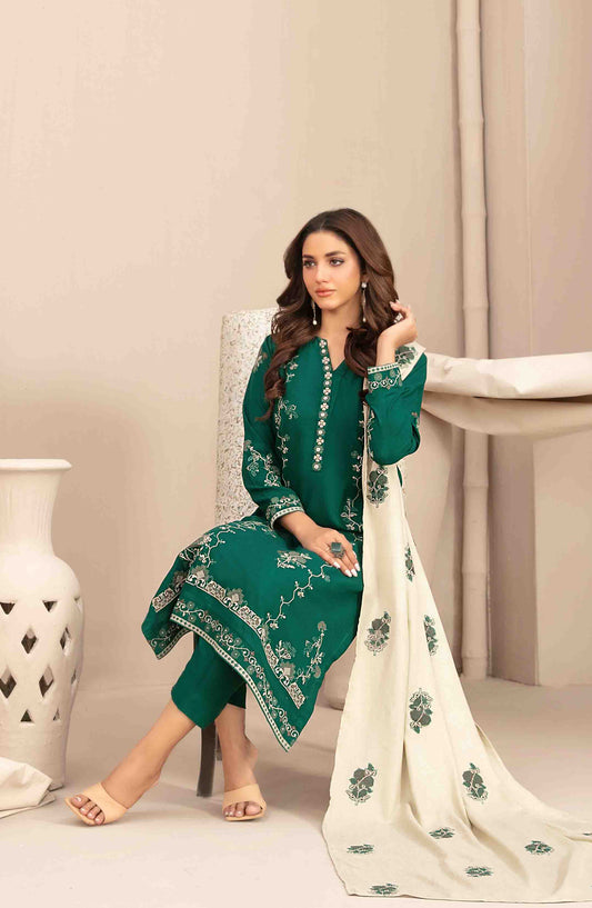 Sawsan by Tawakkal Fabrics Embroidered Leather Peach Unstitched 3 Piece Suit - D-5683 - TF25SWN - Green - Winter Collection