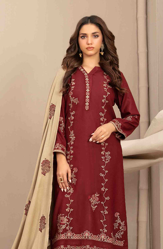 Sawsan by Tawakkal Fabrics Embroidered Leather Peach Unstitched 3 Piece Suit - D-5685 - TF25SWN - Maroon - Winter Collection