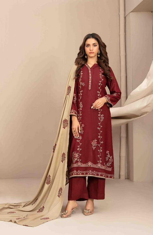 Sawsan by Tawakkal Fabrics Embroidered Leather Peach Unstitched 3 Piece Suit - D-5685 - TF25SWN - Maroon - Winter Collection