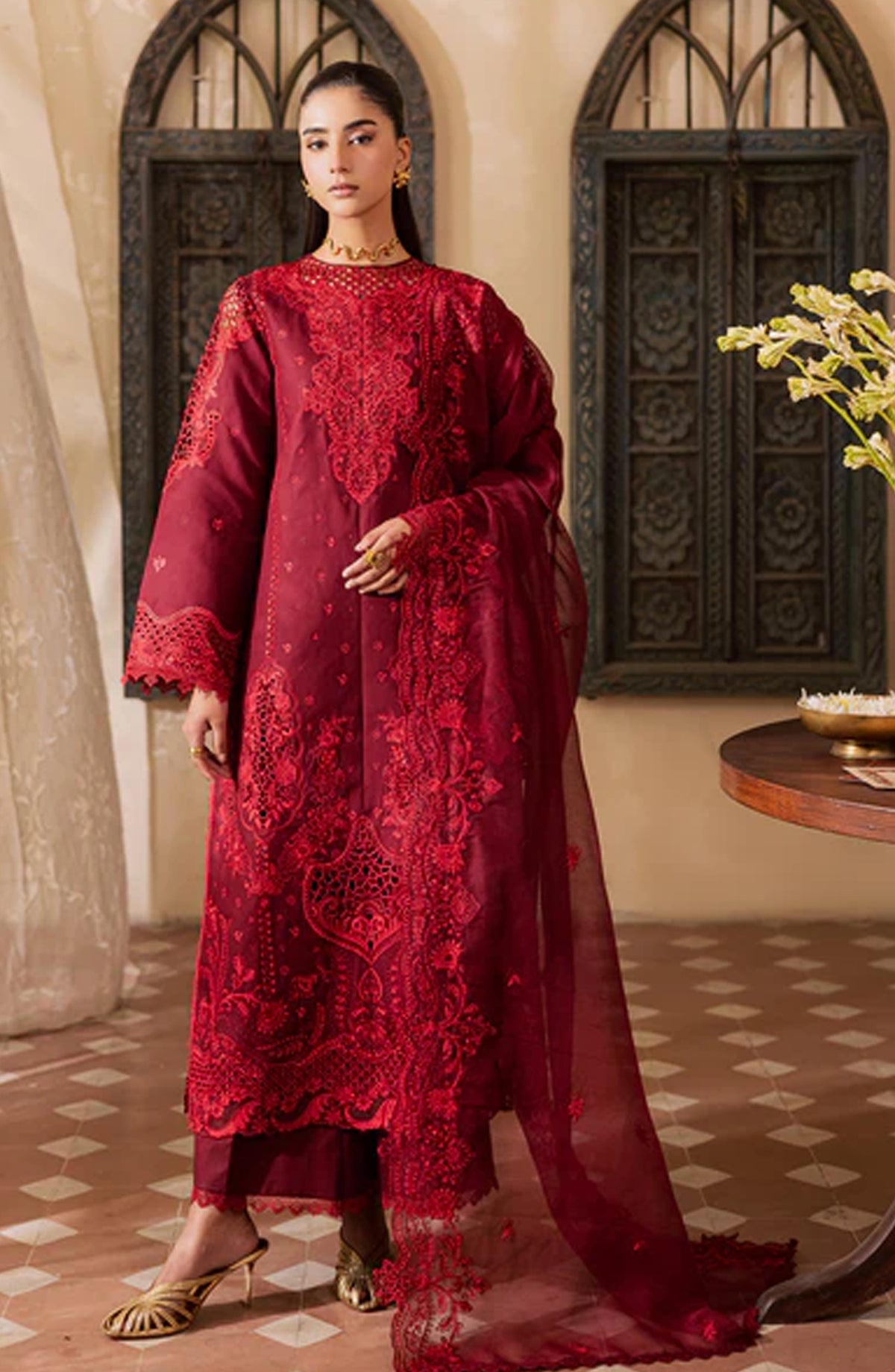 Selene by RajBari Premium Embroidered Lawn Unstitched 3 Piece Suit - Nyra - RJB26SL - Red - Festive Collection