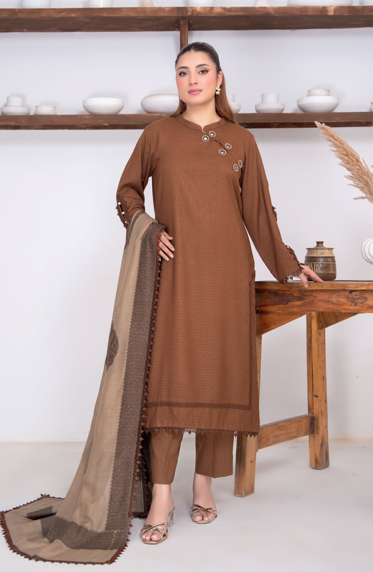 Sensation by Riaz Arts Premium Peach Unstitched 3 Piece Suit - D-06 - RA26SNT - Brown - Winter Collection