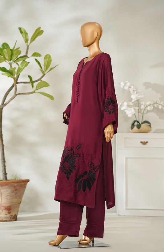 Serein by Amna Khadija Luxe Embroidered Shamooz Silk Stitched 2 Piece Suit - SLS-04 - AM26SLS - Maroon - Winter Collection