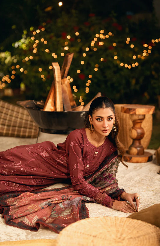 Serenity by Florent Luxury Embroidered Karandi Unstitched 3 Piece Suit - FNS-06B - FL25SRN - Maroon - Winter Collection